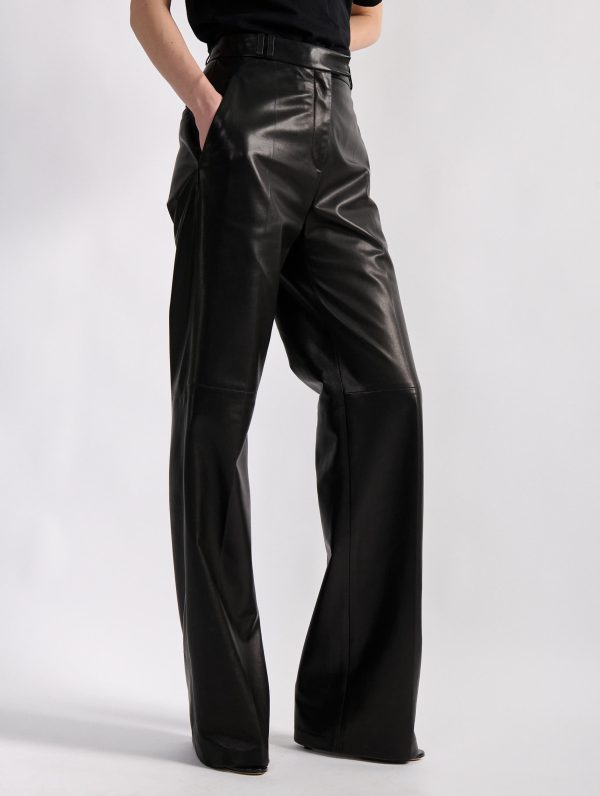 Pantalon jambes larges en cuir plongé noir Sale