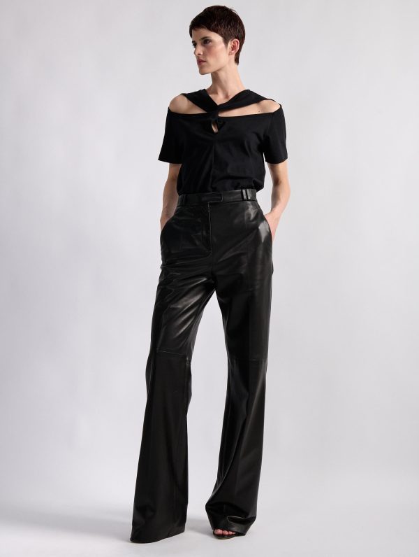 Pantalon jambes larges en cuir plongé noir Sale