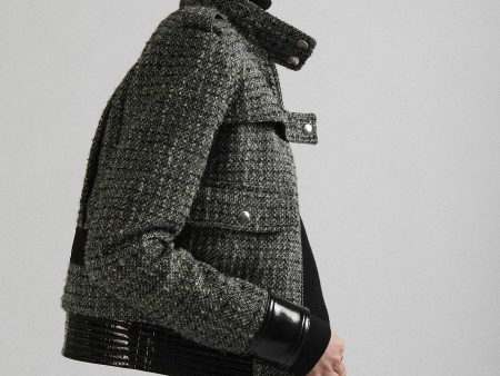 Blouson en tweed bouclette et cuir verni For Cheap